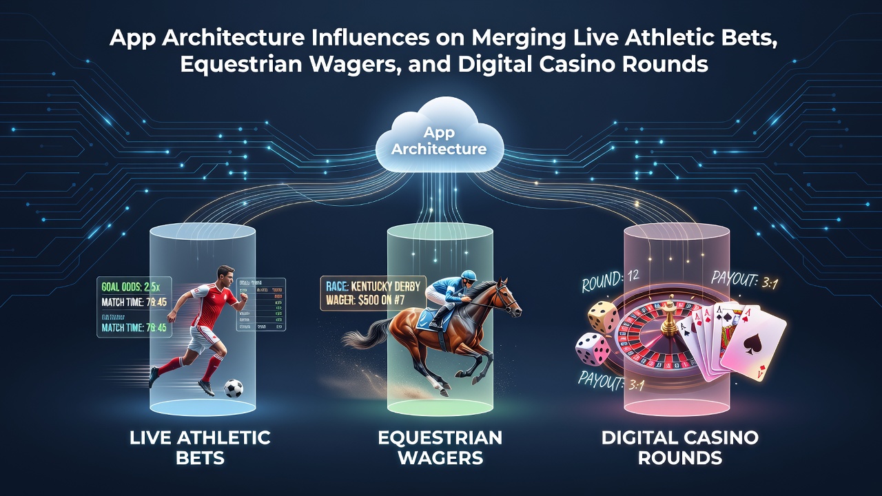 Illustration of integrated betting app interfaces showing live sports, horse racing, and casino sections connected through backend architecture