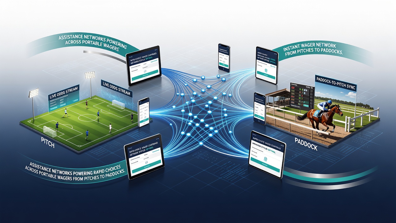 Illustration of mobile betting assistance networks connecting football pitches and horse racing paddocks through digital support tools