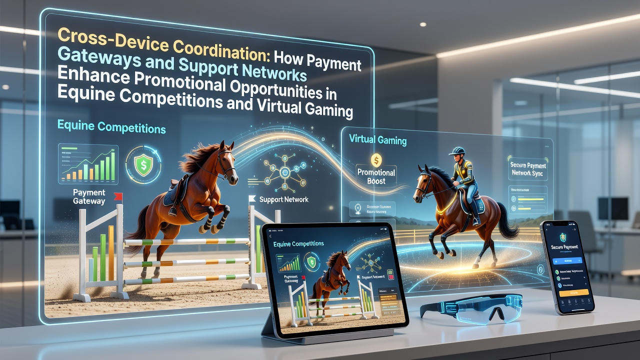 Cross-device payment coordination in equine events and virtual gaming platforms showing seamless transaction flows between mobile and desktop interfaces