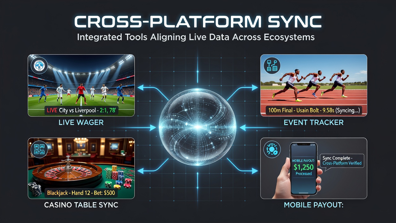 Integrated tools displaying synchronized live betting interfaces across football, racing, and casino platforms on multiple devices