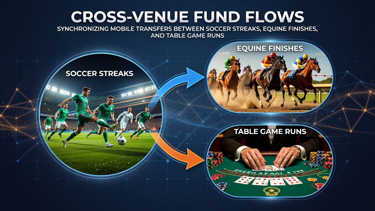 Mobile app interface displaying synchronized fund transfers across soccer, horse racing, and casino betting sections