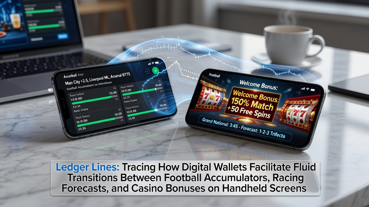 Mobile screen displaying digital wallet interface connected to football betting, horse racing, and casino sections