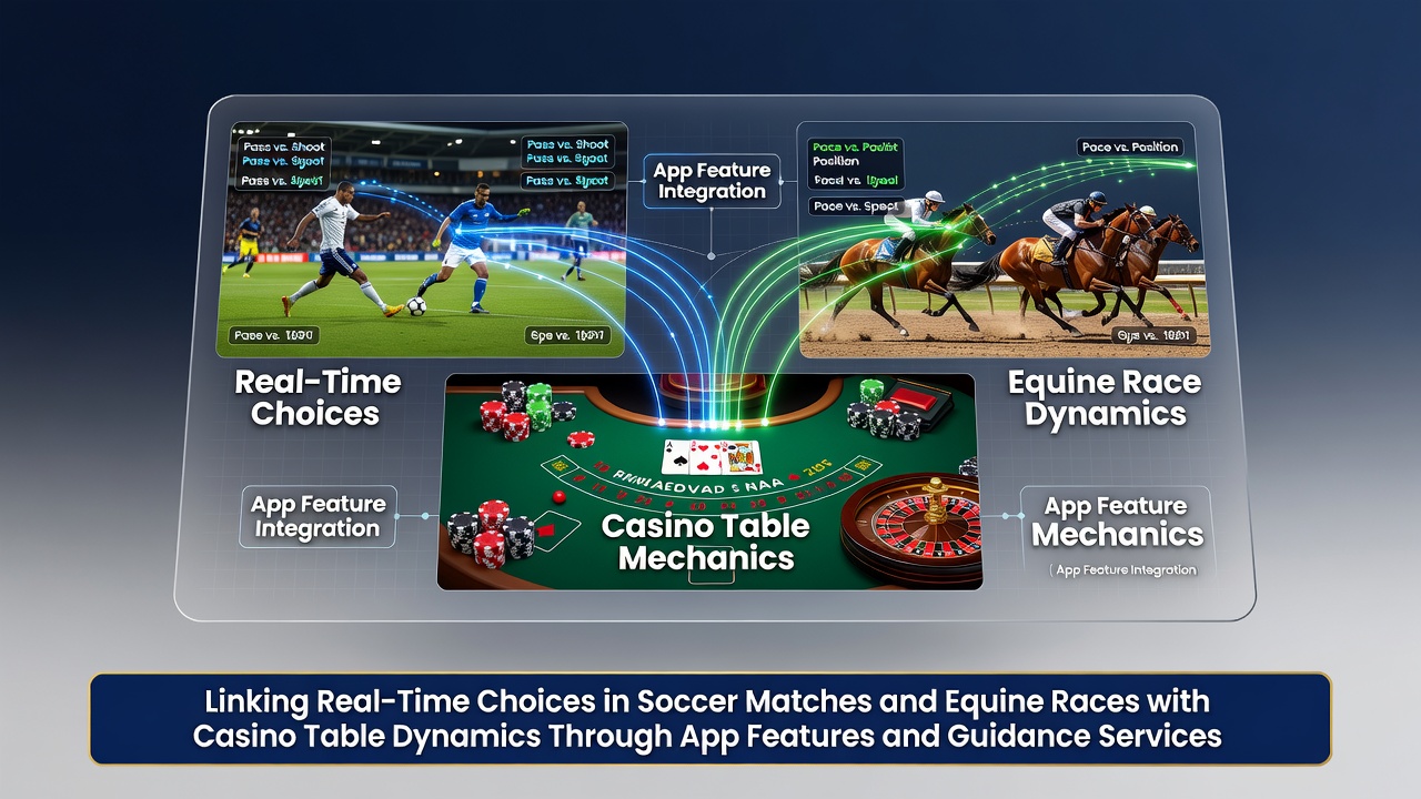 Mobile app interface displaying synchronized live soccer stats, horse race updates, and casino table options in one dashboard