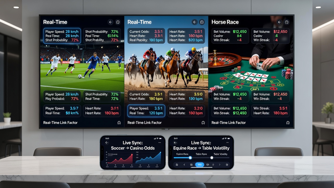 Split-screen view inside a betting app showing real-time horse race timing alongside casino roulette wheel and soccer match clock