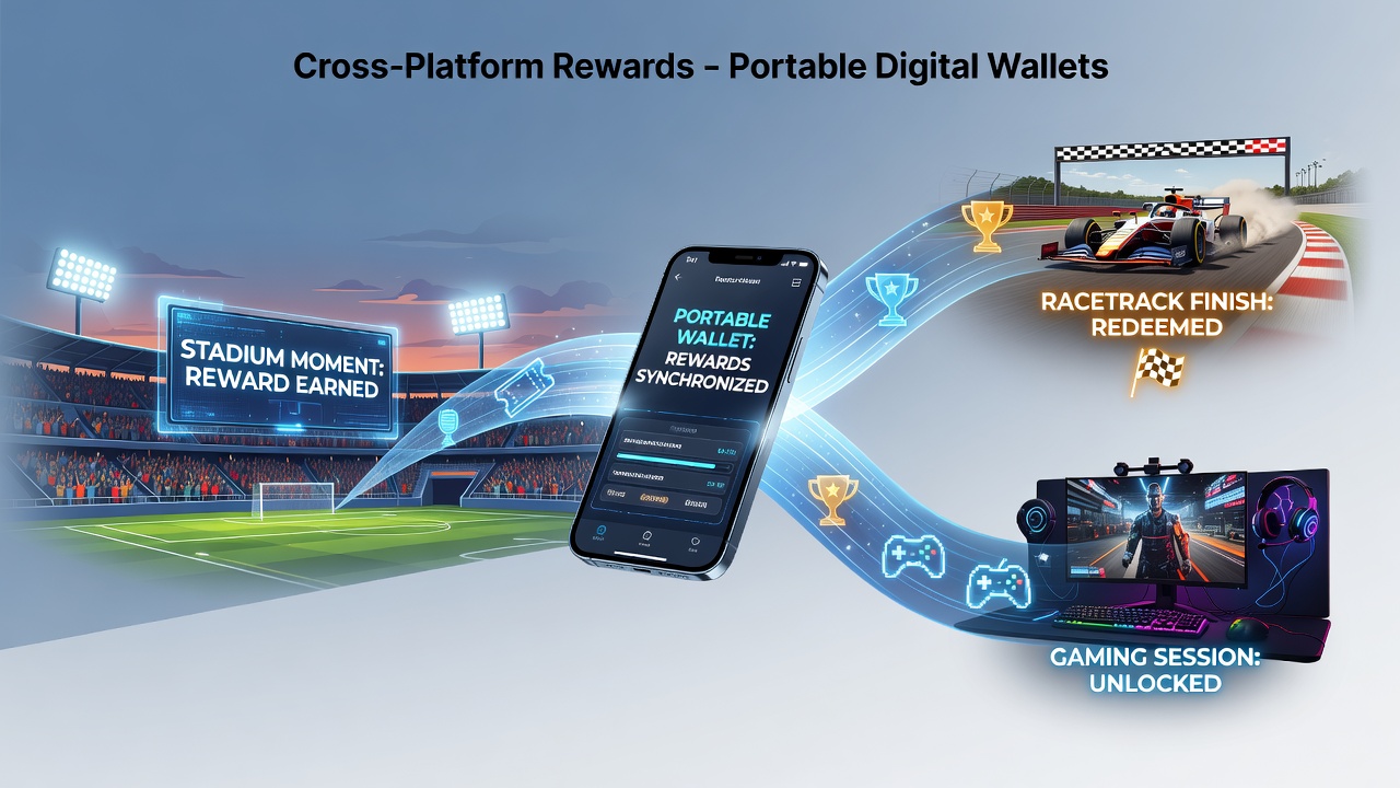 Illustration of cross-platform reward flows showing stadium, racetrack, and casino icons linked via mobile wallet interfaces