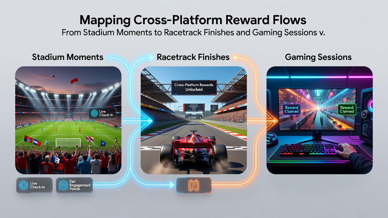 Diagram displaying reward token movement from live events through portable wallets into casino sessions