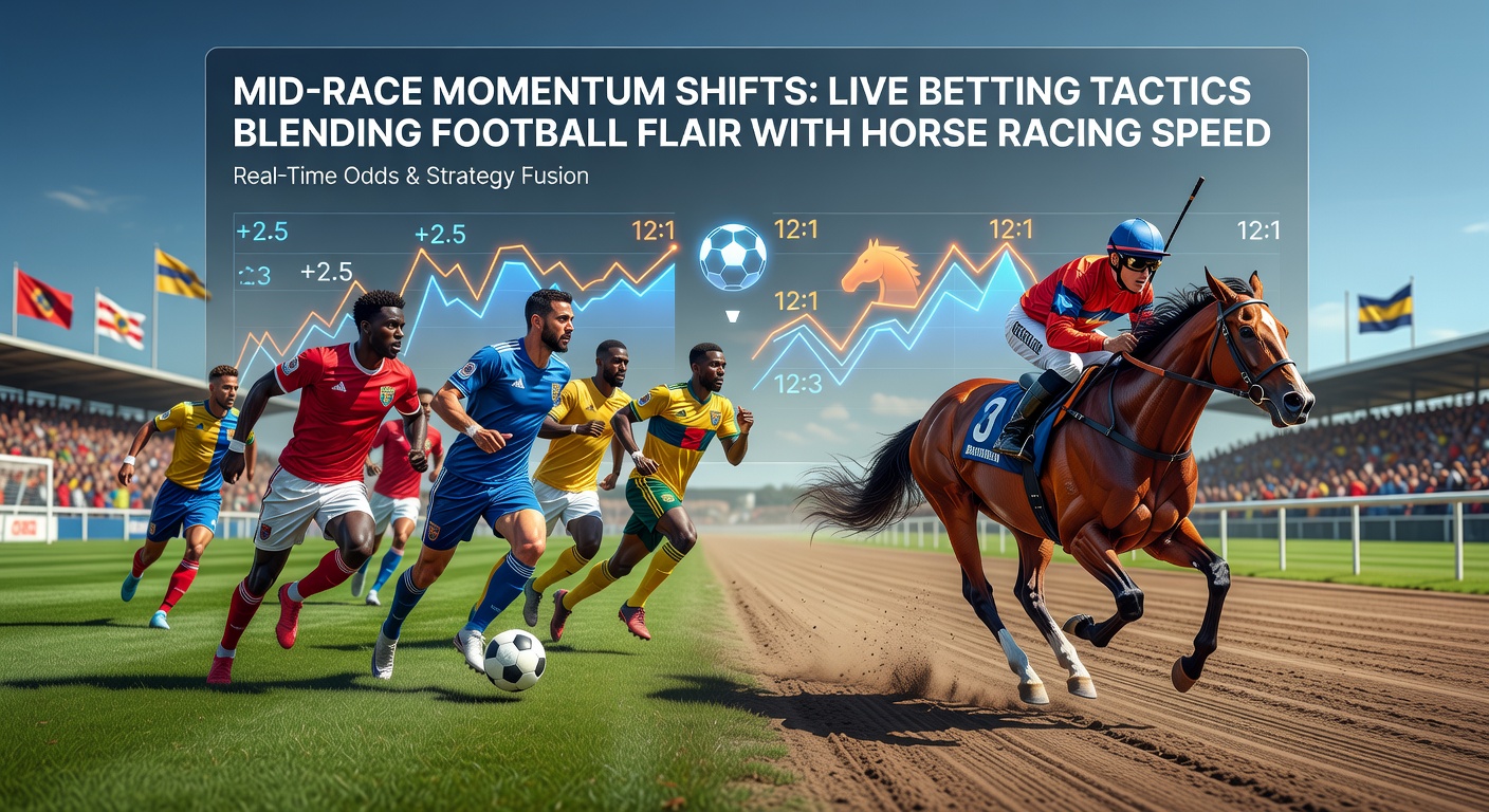 A dynamic split-image showing a football player surging forward during a match alongside a horse gaining ground mid-race on the track, capturing the essence of momentum shifts in live betting scenarios