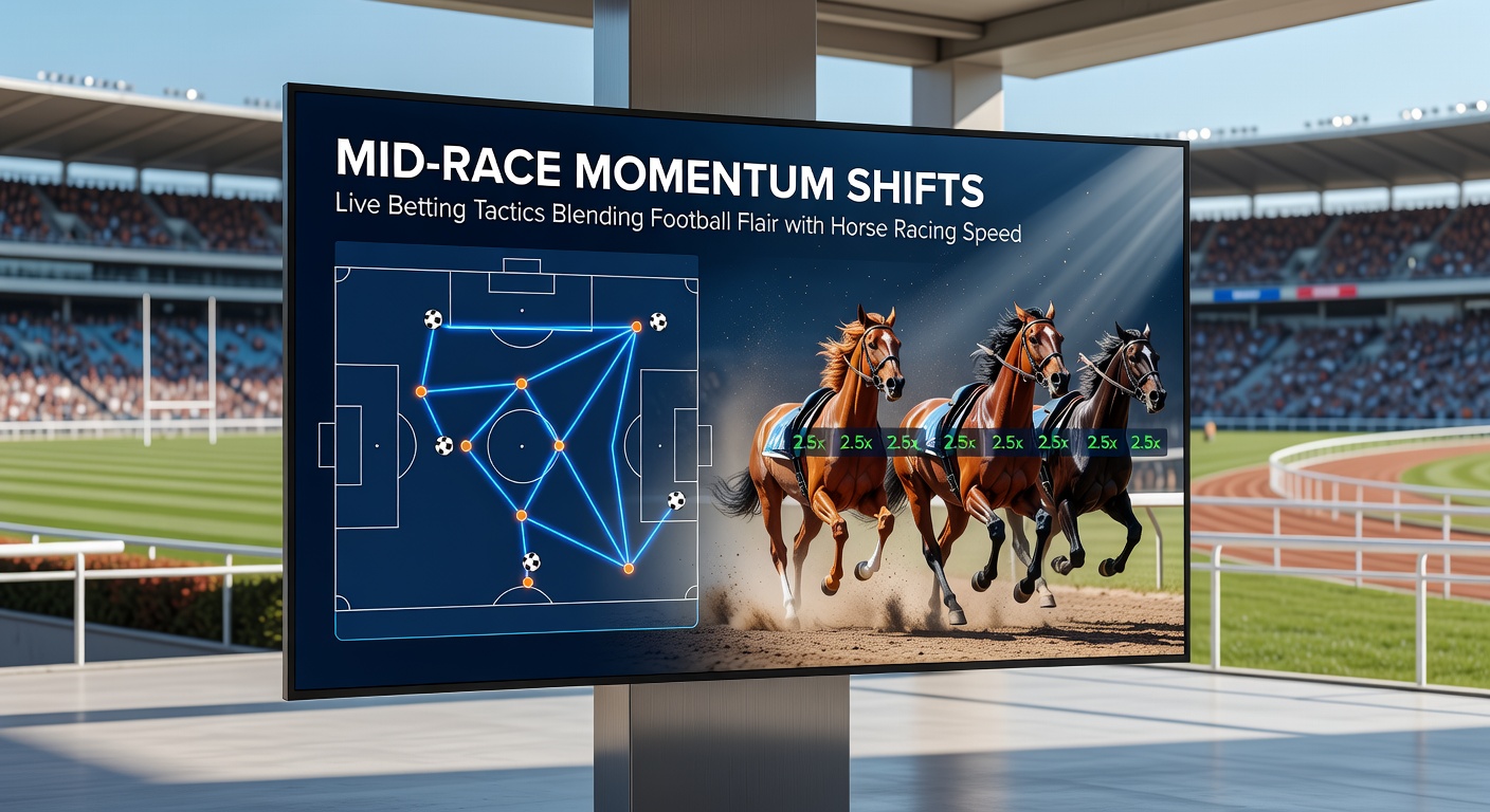 Close-up action shot of a football team celebrating a momentum-turning goal merged with a horse thundering past competitors in the stretch, highlighting tactical live betting opportunities