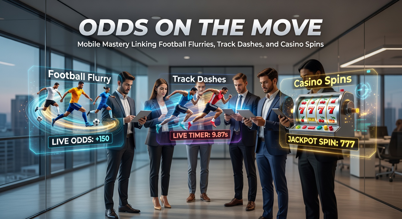 Dynamic split-screen view of a mobile app integrating live football goals, galloping horses on the track, and whirling casino reels with updating odds
