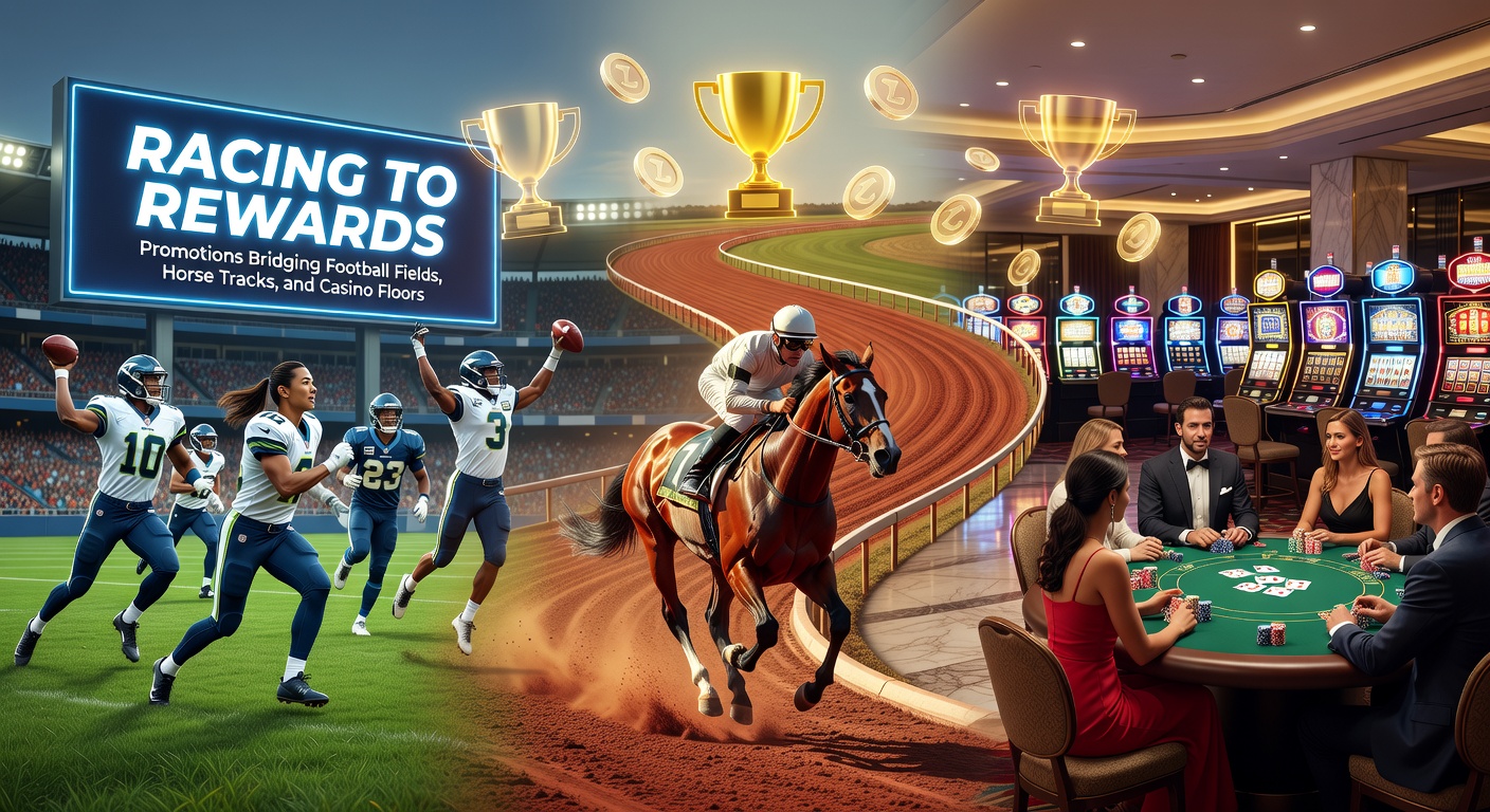 Vibrant scene of a football stadium merging into a horse racing track with casino lights in the background, symbolizing interconnected betting promotions