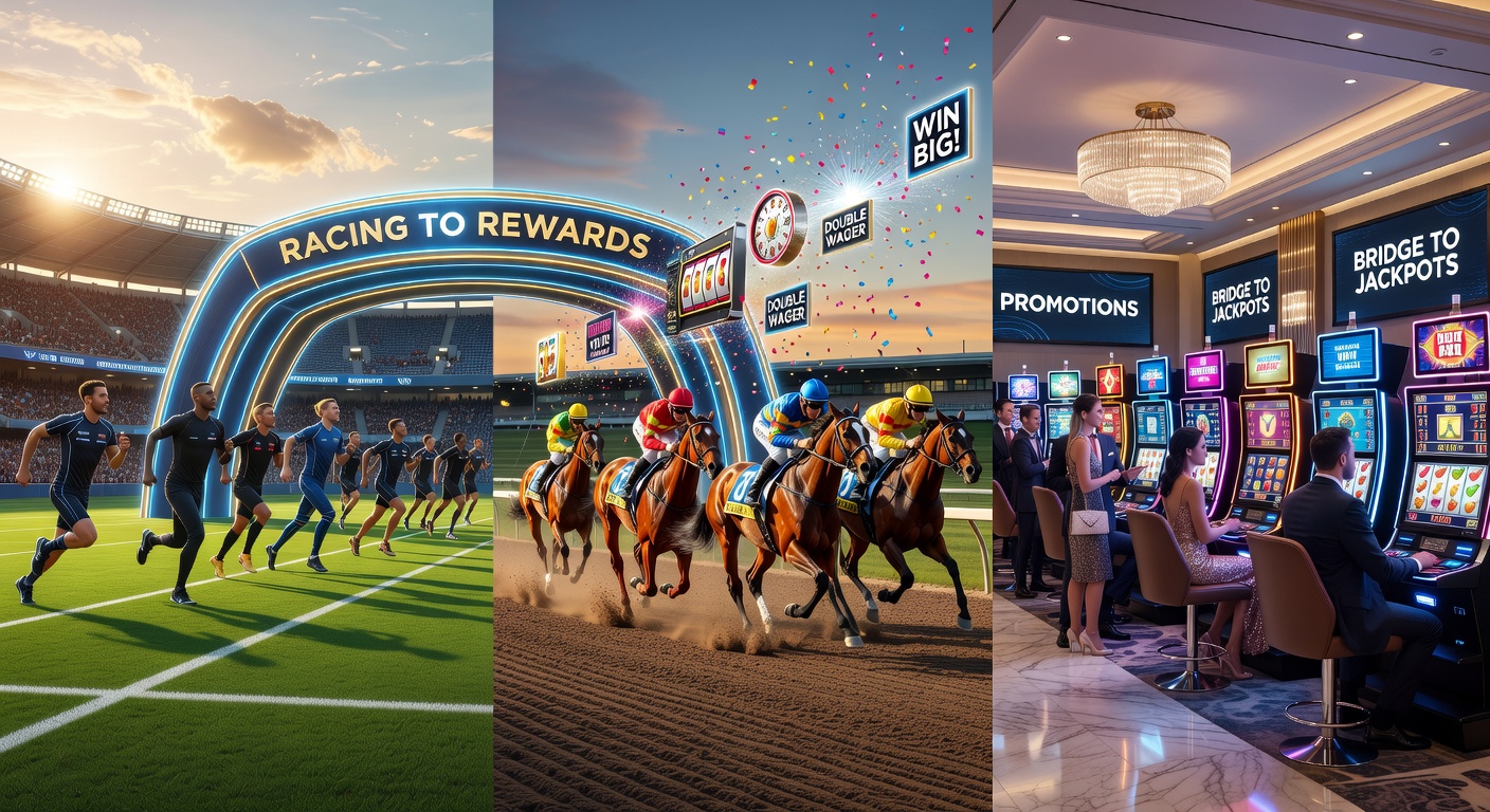 Dynamic collage showing football players, galloping horses, and spinning casino roulette wheel connected by glowing reward paths