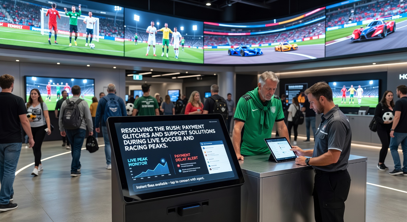 Horse racing track at peak action with jockeys urging horses forward, overlaid with digital payment icons symbolizing seamless transactions amid the thrill