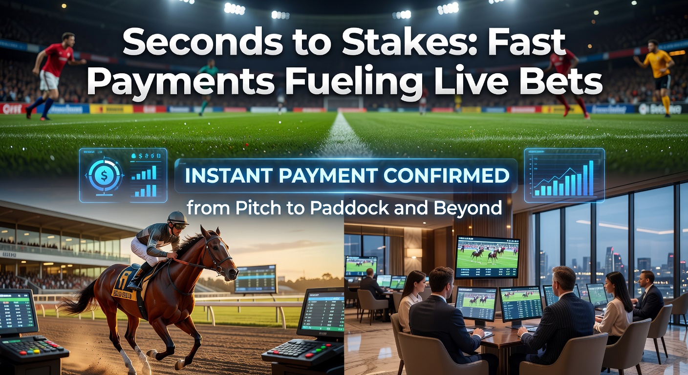A dynamic scene of a horse race paddock transitioning to a football pitch with digital payment icons overlayed, symbolizing instant transactions in live betting