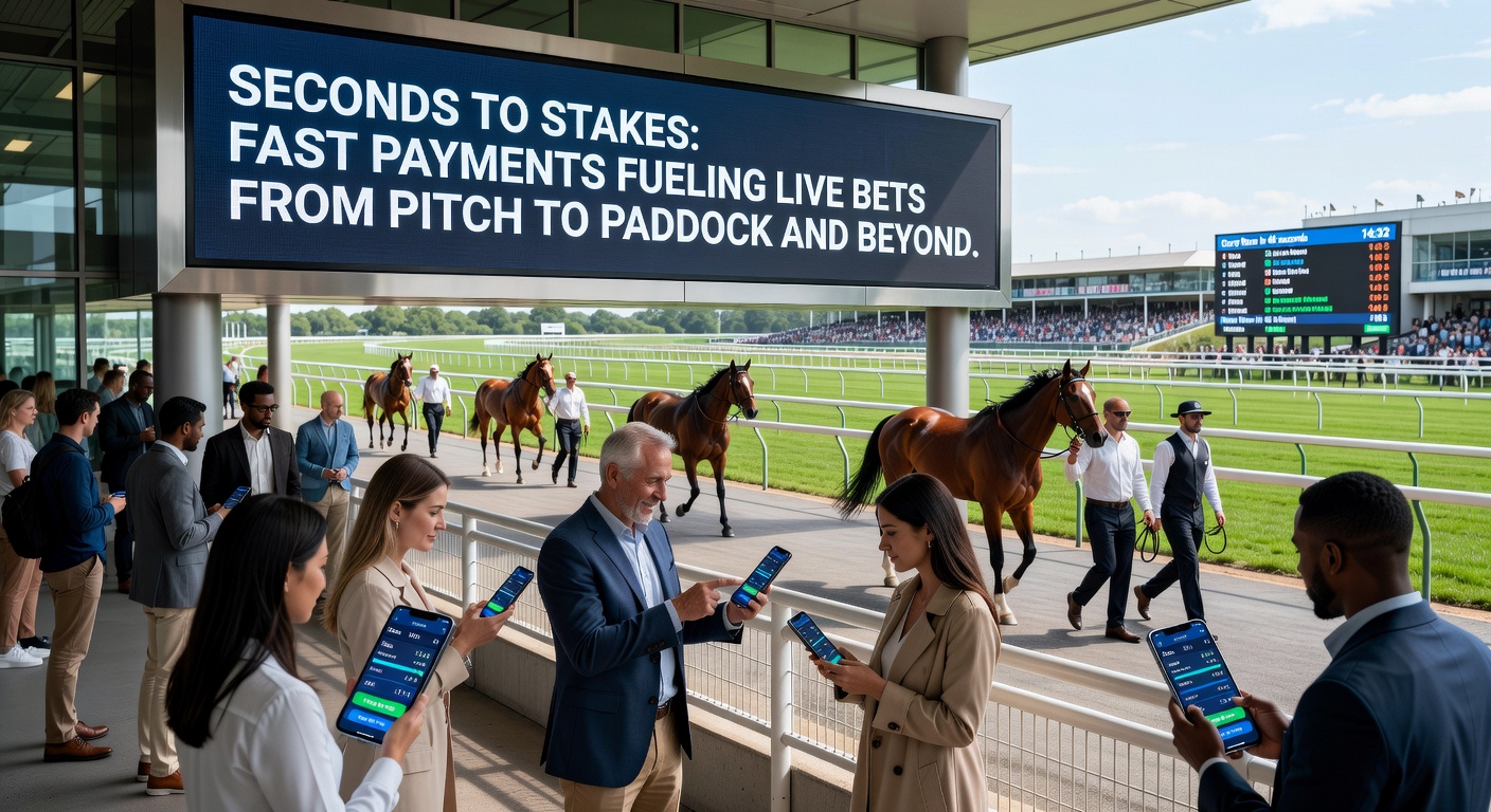 Close-up of a bookmaker's app showing live horse racing odds updating in real-time, with payment confirmation popping up instantly amid a blurred racetrack background