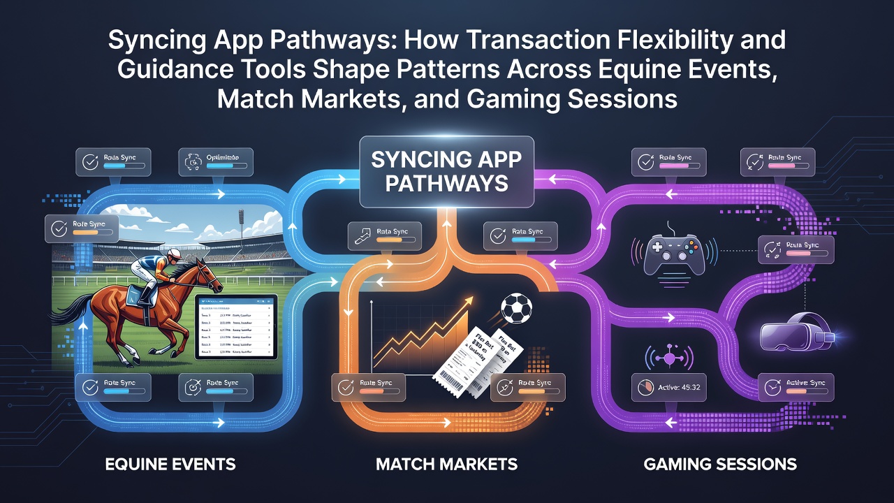 Illustration of synchronized app interfaces connecting equine racing, sports matches, and casino gaming through flexible transaction pathways