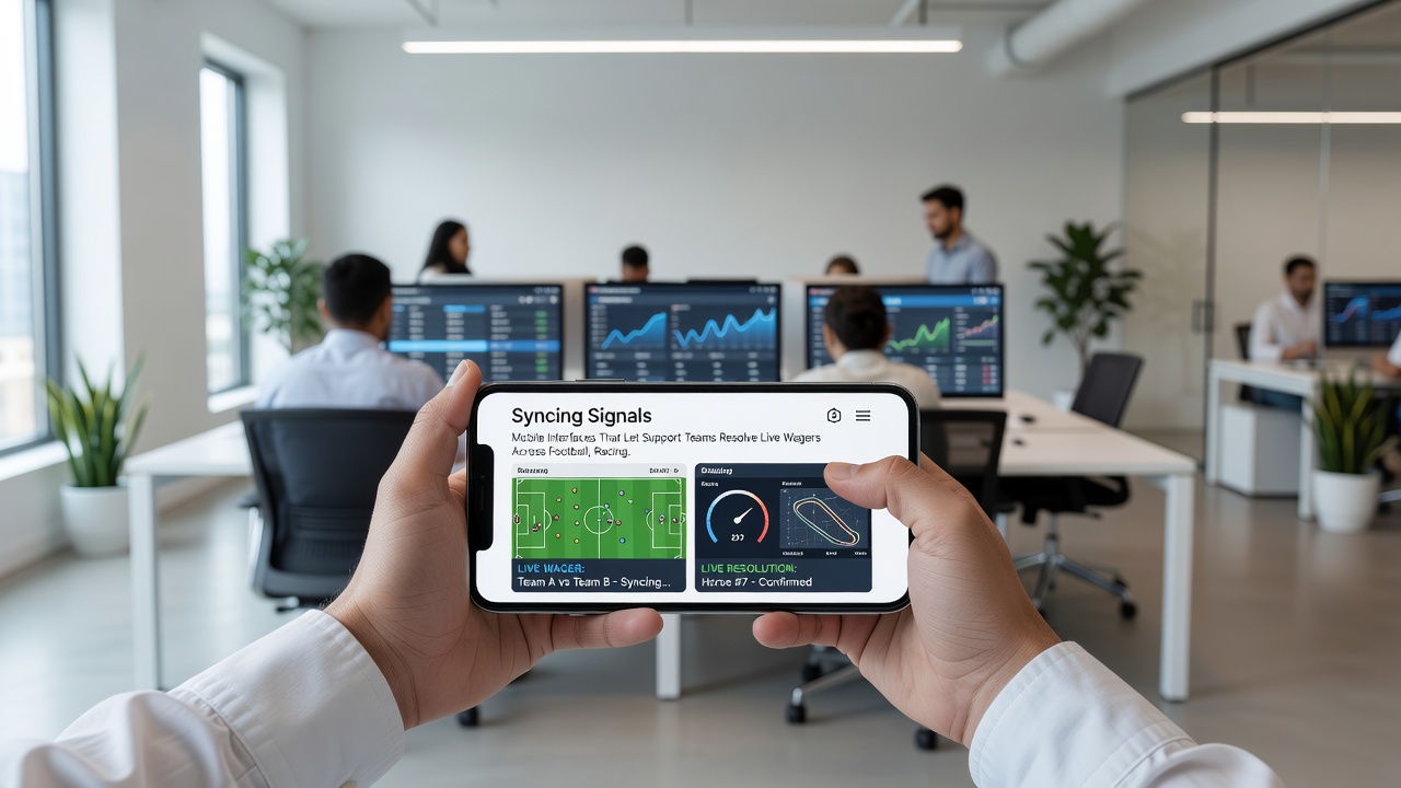 Support agent reviewing synchronized wager data on a mobile device during a live multi-sport betting session