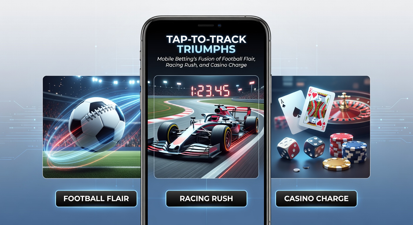 A vibrant mobile screen displaying live soccer match odds alongside horse racing updates and casino slots, capturing the fusion of betting worlds