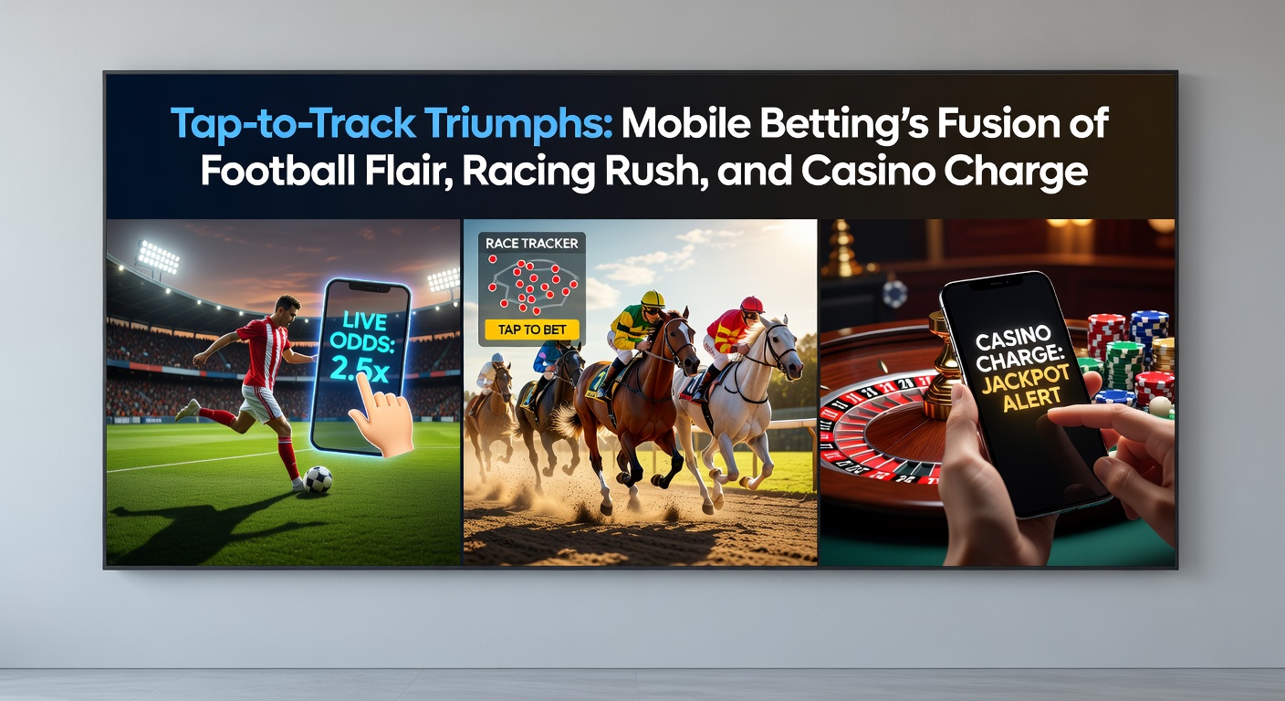 Dynamic split-screen view of a horse racing app showing live track action, soccer highlights, and casino table games, illustrating mobile integration