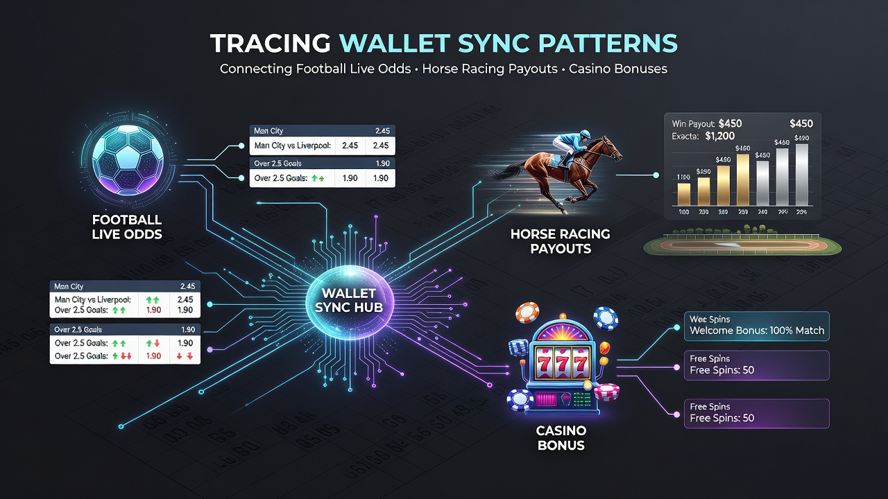 Diagram showing transaction flow between football, horse racing, and casino applications via shared digital wallet