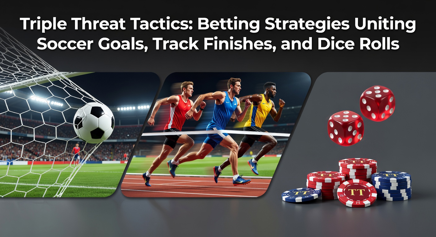 Dynamic collage showing a soccer goal celebration, a horse crossing the finish line, and dice rolling on a craps table, symbolizing interconnected betting markets