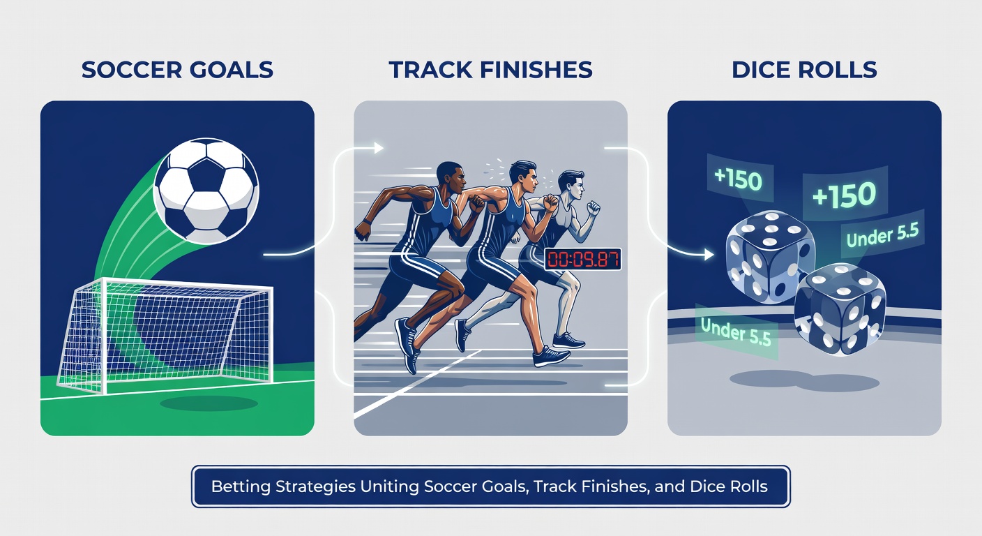 Close-up of horses thundering toward the finish line at a major race, with overlaid soccer ball and dice elements highlighting betting interconnections