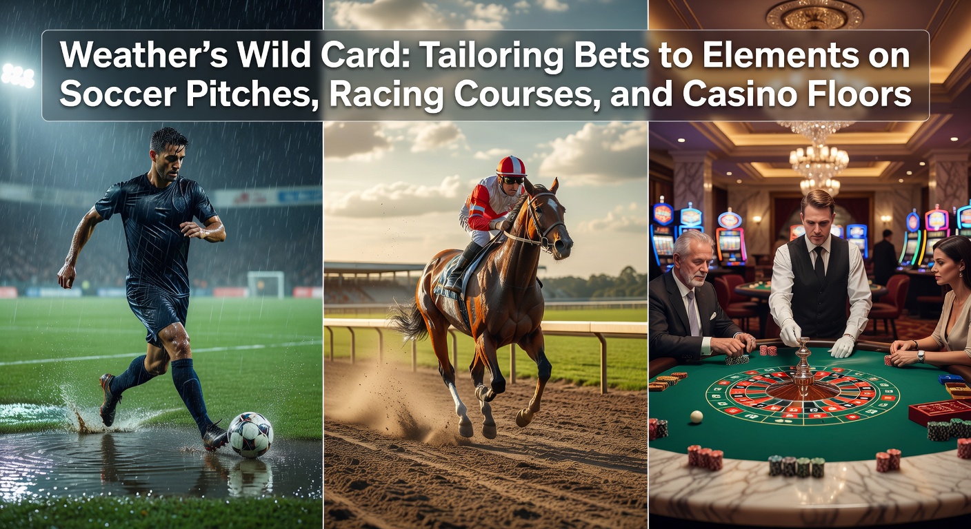 A soccer pitch slick with rain during a match, horses galloping on a muddy track, and casino patrons at indoor tables under bright lights, illustrating weather's influence on betting venues