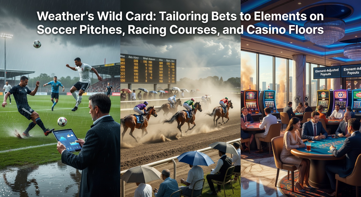 Horse racing on a rain-soaked course with jockeys urging mounts forward, soccer players sliding in mud, and casino roulette wheel spinning amid a stormy backdrop outside windows